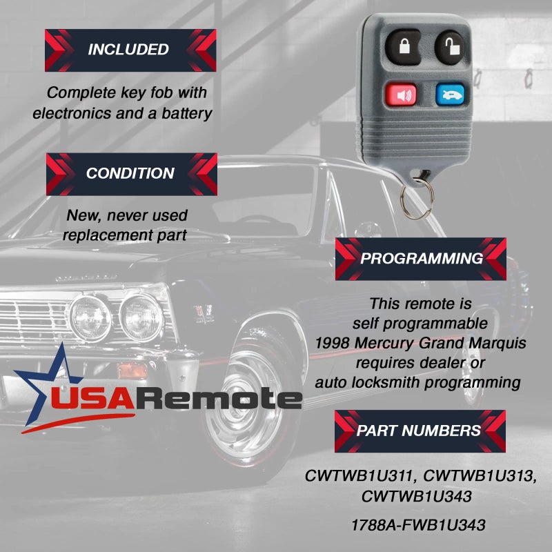 USARemote جهاز تحكم عن بُعد لفتح السيارة بدون مفتاح يناسب فورد كراون فيكتوريا / لينكولن كونتيننتال مارك الثامن تاون كار / ميركوري غراند ماركيز (CWTWB1U343، LHJ002) - Image 3